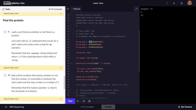 Learn Java - 7.2 Java String Methods DNA Sequencing Project | Codecademy Walkthrough смотреть онлайн