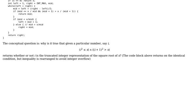 Sqrt(x) function implementation; what is $(i^2 leq x) land ((i + 1)^2 ＞ x)$ checking? смотреть онлайн