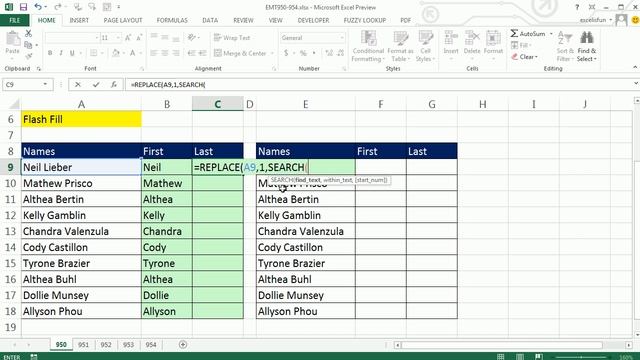 Excel 2013 Preview #2: Flash Fill To Extract First & Last Names From Column (Excel Magic Trick 950) смотреть онлайн