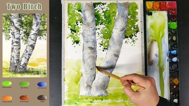 Basic Landscape Watercolor - Two Birch (sketch & color name view, watercolor material) NAMIL ART смотреть онлайн