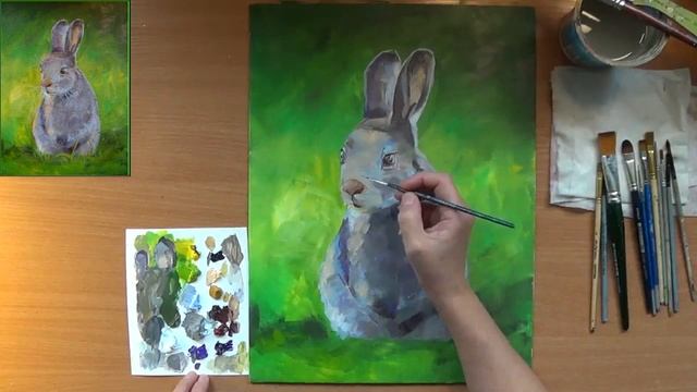 Как нарисовать зайца. Зайчонок серый. Акрил смотреть онлайн