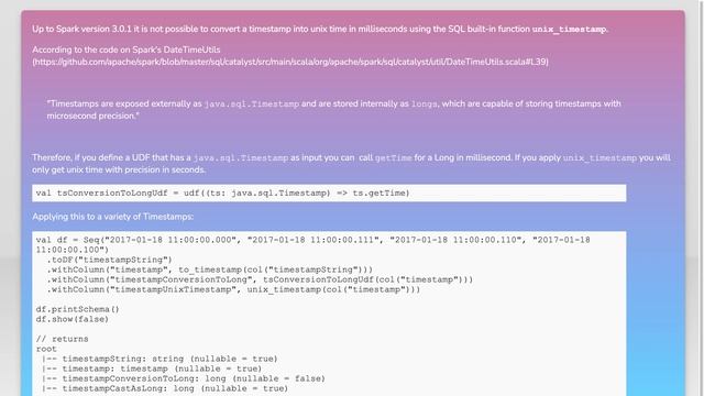 Can unix_timestamp() return unix time in milliseconds in Apache Spark? смотреть онлайн