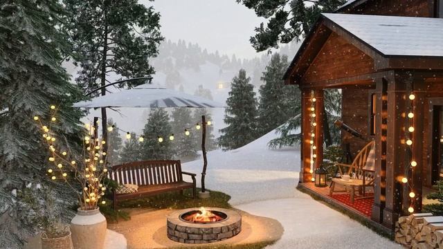 Winter Porch With Crackling Cozy Campfire And Mountain Distance Wind Sounds For Sleep