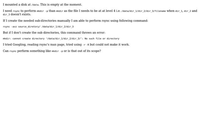 rsync throwing mkdir: cannot create directory /data/dir_1/dir_2/dir_3/ : No such file or directory смотреть онлайн