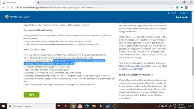 Data Scientist Job in Wolters Kluwer | 0 - 3 years of experience | смотреть онлайн