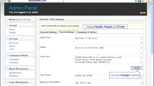 ApPHP MicroCMS General Settings Tutorial смотреть онлайн