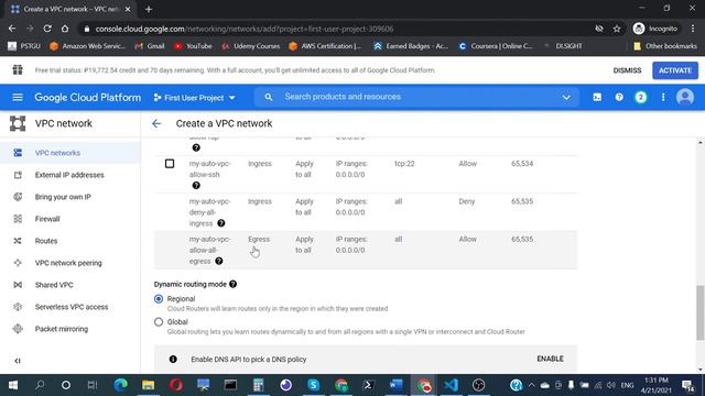 GCP- Google Cloud создание VPC в Auto режиме