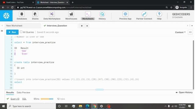 4.Even or Odd Number (Top 20 SQL Interview Questions)|SQL Interview Series for Freshers| смотреть онлайн
