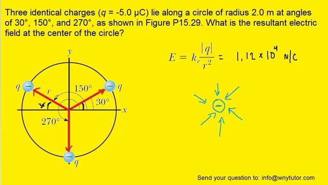 Three identical charges (q = -5.0 µC) lie along a circle of radius 2.0 m at angles of 30°, 150°, an смотреть онлайн