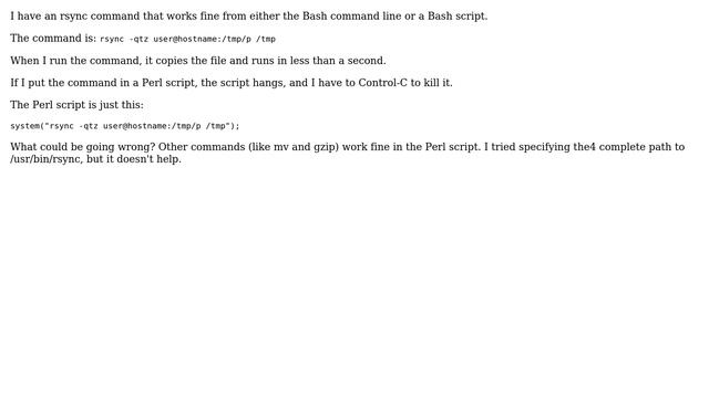 rsync command works in Bash but hangs when invoked from Perl смотреть онлайн