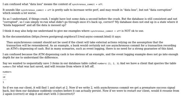 Databases: Difficulty understanding Postgres synchronous_commit = off and data loss смотреть онлайн