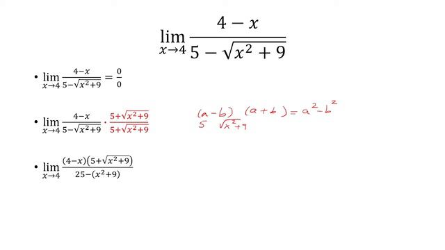 lim (𝑥→4) (4−𝑥)/(5−√(𝑥^2+9)) смотреть онлайн