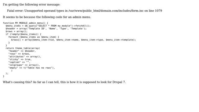 Drupal: Fatal error: Unsupported operand types in form.inc смотреть онлайн