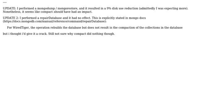 Databases: mongodb v3.4 - wiredtiger - compact does not work смотреть онлайн