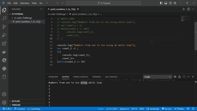how to print Numbers one to ten in JavaScript code using while loop, do while loop and for loop смотреть онлайн