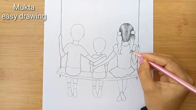 How to draw Children's Day with pencil sketch// Two Brother's and sister sitting together on a Swin смотреть онлайн