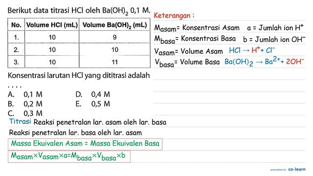 Berikut data titrasi HCI oleh Ba(OH)2 0,1 M. No. Volume HCI (mL) Volume Ba(OH)2 (mL) 1. 10 9 2. 1.. смотреть онлайн