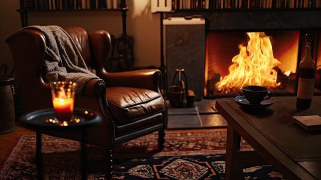 Уютная атмосфера для чтения расслабьтесь в кожаном кресле у камина с кофе, пока идет снег смотреть онлайн