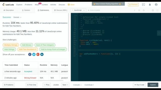Leetcode #2: Add Two Numbers | Javascript Solution смотреть онлайн