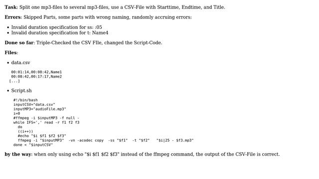 FFMPEG Split Mp3 using CSV in Shell, parsing doesn't seem to work смотреть онлайн