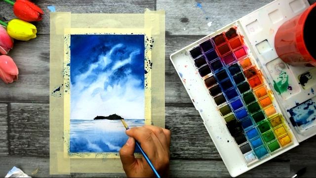 КАК РИСОВАТЬ НЕБО АКВАРЕЛЬЮ • Дерево и отражение в воде смотреть онлайн