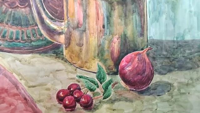 Акварель. Металлический чайник и медное блюдо. смотреть онлайн