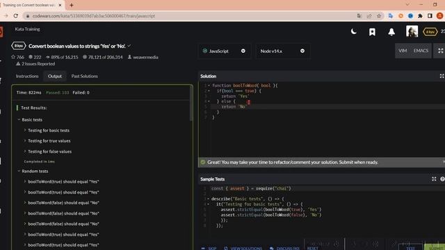 Codewars JavaScript 8kyu / Как решить задачу Convert boolean values to strings 'Yes' or 'No' ? смотреть онлайн