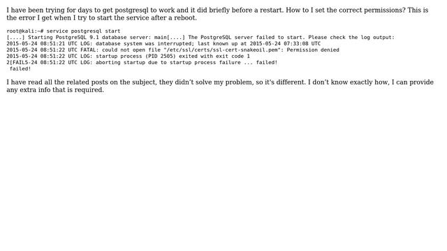 Unix & Linux: Postgresql wont start after reboot. Kali linux Raspberry Pi 2 смотреть онлайн