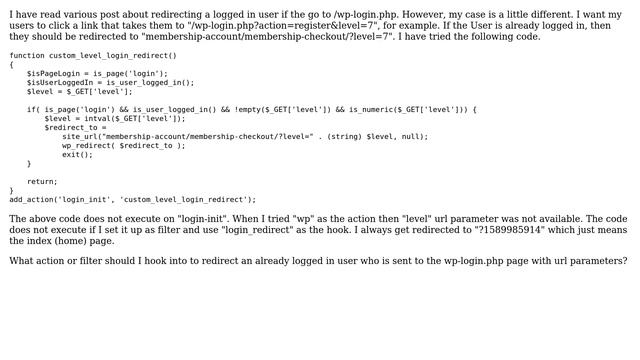 Wordpress: Redirect Logged In User if page is wp-login.php and $_Get['level'] = X смотреть онлайн
