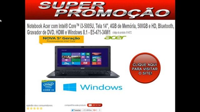 Notebook Acer com Intel® Core i3-5005U, Tela 14, 4GB de Memória смотреть онлайн