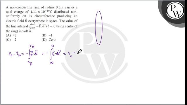 A non-conducting ring of radius \( 0.5 \mathrm{~m} \) carries a total charge of \( 1.11 \times 1... смотреть онлайн