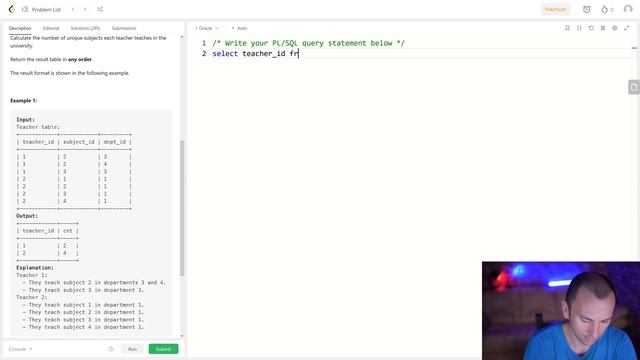 Решение задачи «2356. Number of Unique Subjects Taught by Each Teacher» на SQL с сайта leetcode.com смотреть онлайн