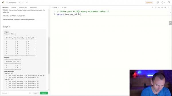 Решение задачи «2356. Number of Unique Subjects Taught by Each Teacher» на SQL с сайта leetcode.com