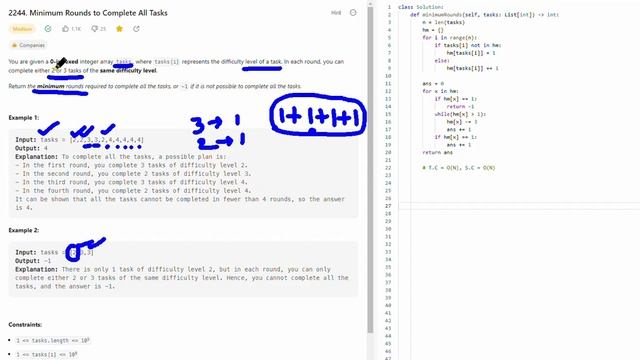 2244. Minimum Rounds to Complete All Tasks | Python | Array смотреть онлайн