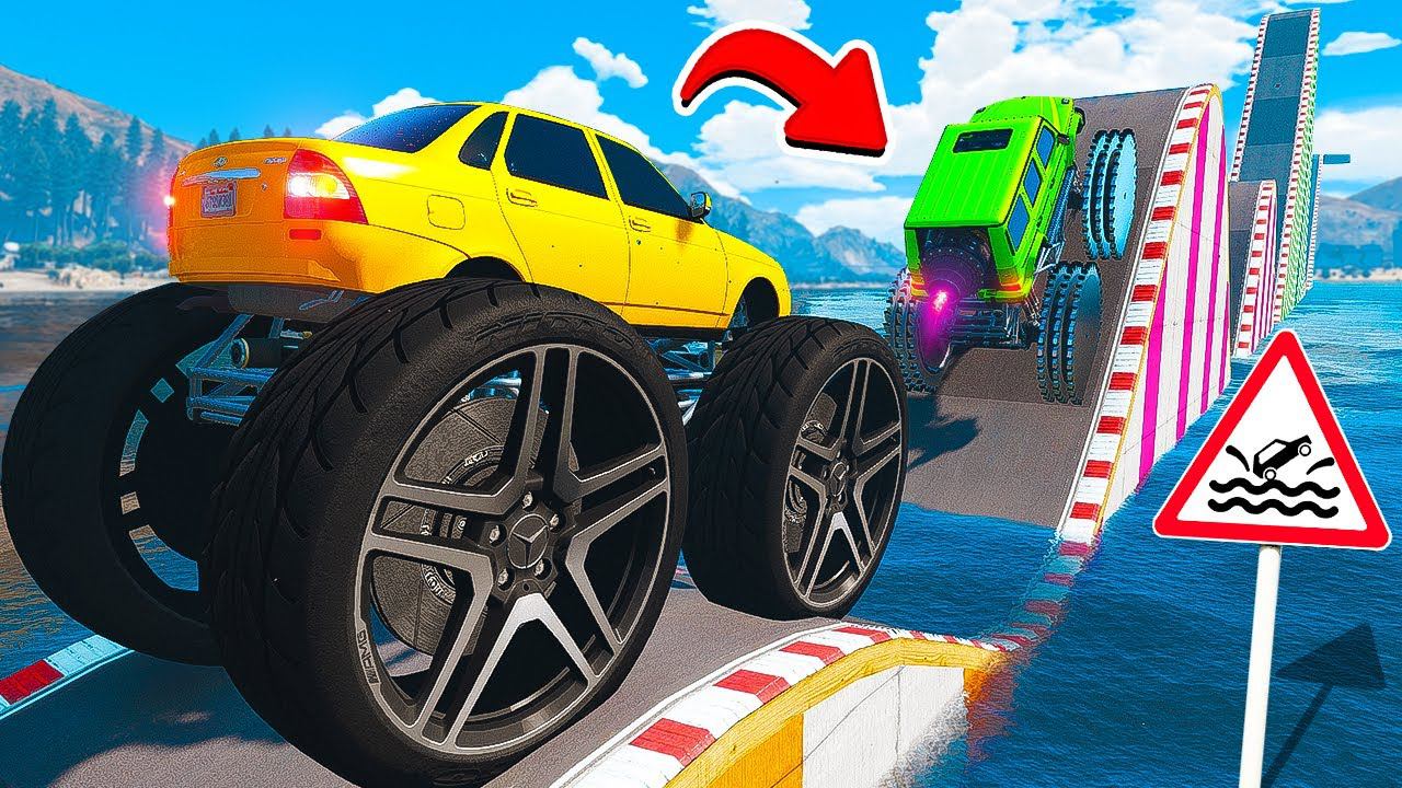 СМОГУТ ЛИ ГИГАНТСКИЕ МАШИНЫ ПРОЕХАТЬ ВОДНЫЕ КОЧКИ В ГТА 5 МОДЫ! ЭКСПЕРИМЕНТЫ В GTA 5 MODS смотреть онлайн