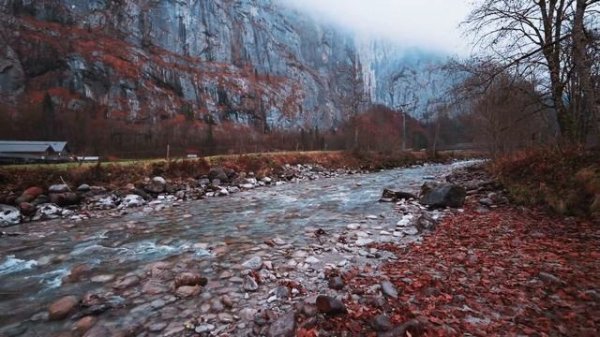 Relaxing Autumn Walk in Lauterbrunnen, Switzerland, River and Nature Sounds, River Walk