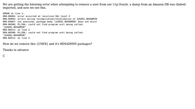 Databases: Oracle AWS package errors when removing user смотреть онлайн