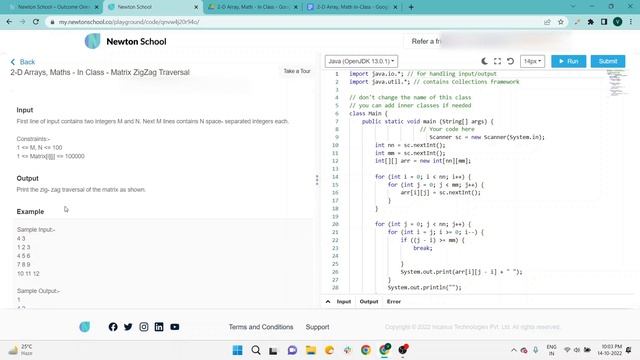 Newton school | Matrix ZigZag Traversal | Newton school assignment answer | Java 2d array questions смотреть онлайн