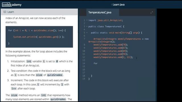 Codecademy Learn Java, Iterating over an ArrayList смотреть онлайн