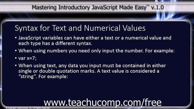 JavaScript Training Tutorial Syntax for Text and Numerical Values смотреть онлайн