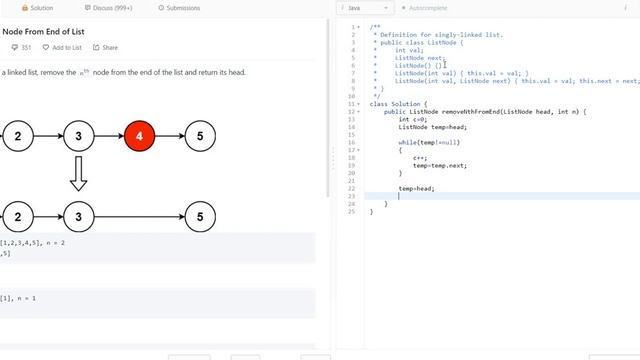 LeetCode #19 Remove Nth Node From End of List - Java смотреть онлайн