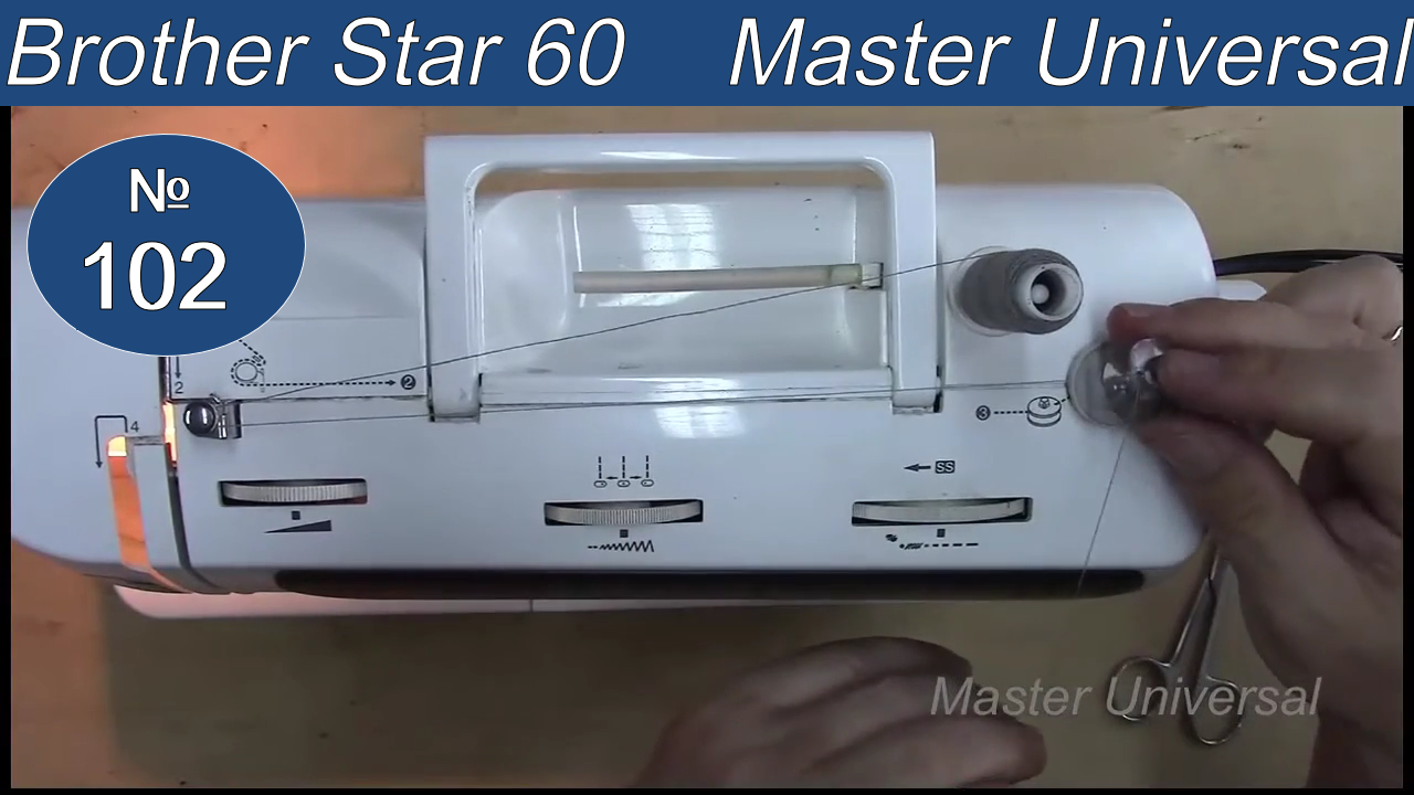 Как намотать шпульку, заправить нитку и наточить нож на обрезку ниток. Видео №102.