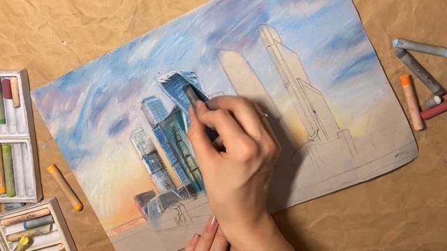 Город на закате. Moscow city. Как нарисовать пастелью. Москва. Закат. смотреть онлайн