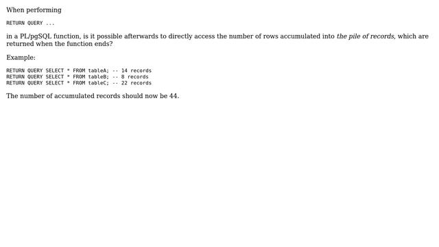 Databases: How to access the number of rows accumulated by RETURNs in PL/pgSQL? смотреть онлайн