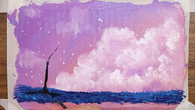 How to Acrylic Painting Pink Clouds  Tree Landscape on Paper Box 809Satisfying