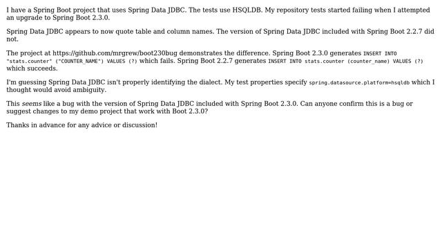 Spring Data JDBC Generating Bad HSQLDB Query with Boot 2.3.0 смотреть онлайн
