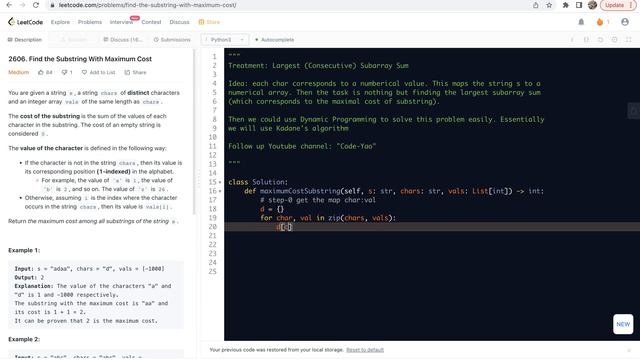 leetcode 2606. Find the Substring With Maximum Cost - largest subarray sum, DP or Kadane смотреть онлайн