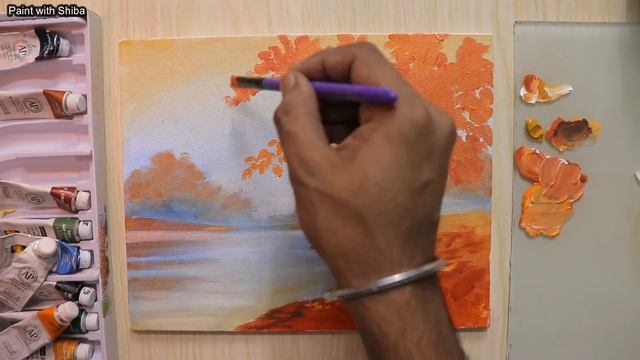 Acrylic painting of Spring season landscape painting with cherry blossom tree смотреть онлайн