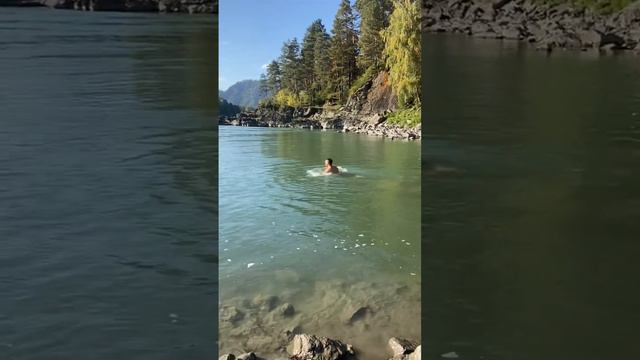 Заплыв в холодной горной реке Катунь на Алтае под присмотром местного аборигена смотреть онлайн