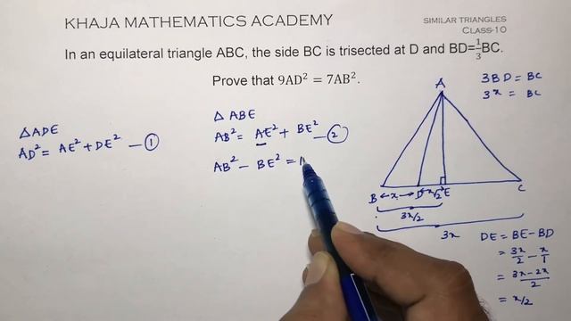 In an equilateral triangle ABC, the side BC is trisected at D and BD=1/3BC. Prove that 9AD^2=7AB^2. смотреть онлайн